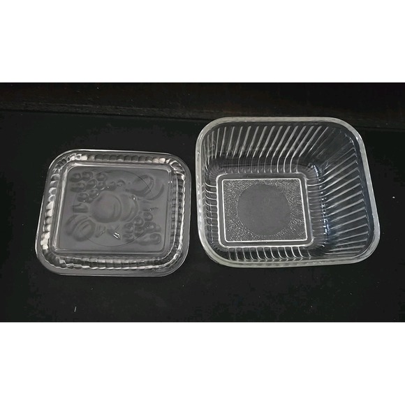 Vintage Square Glass Dish Container With‎ Lid Fruit Design Embossed Clear - Picture 3 of 5